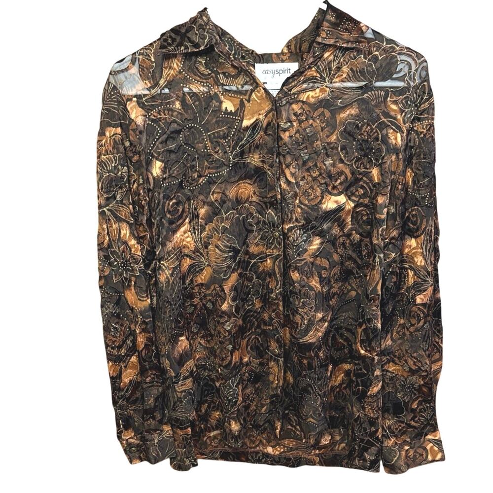 Easy Spirit Sheer Paisley Blouse Brown Silk Blend Button Up Top M